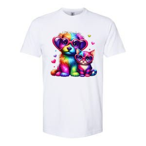 Rainbow Cute Dog & Cat Wearing Glasses Heart Puppy & Kitten Softstyle CVC T-Shirt