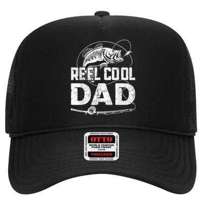 Reel Cool Dad Fishing Daddy Fathers Day Funny High Crown Mesh Back Trucker Hat