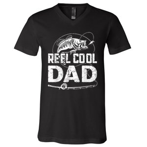 Reel Cool Dad Fishing Daddy Fathers Day Funny V-Neck T-Shirt