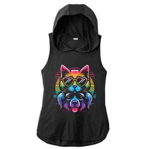 Rainbow Cute Dog & Cat Wearing Glasses Heart Puppy & Kitten Ladies PosiCharge Tri-Blend Wicking Draft Hoodie Tank