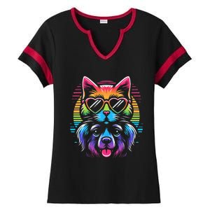 Rainbow Cute Dog & Cat Wearing Glasses Heart Puppy & Kitten Ladies Halftime Notch Neck Tee