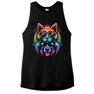 Rainbow Cute Dog & Cat Wearing Glasses Heart Puppy & Kitten Ladies PosiCharge Tri-Blend Wicking Tank