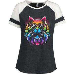 Rainbow Cute Dog & Cat Wearing Glasses Heart Puppy & Kitten Enza Ladies Jersey Colorblock Tee