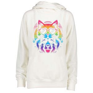 Rainbow Cute Dog & Cat Wearing Glasses Heart Puppy & Kitten Womens Funnel Neck Pullover Hood