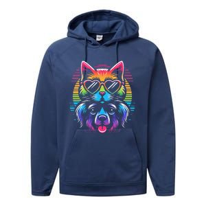 Rainbow Cute Dog & Cat Wearing Glasses Heart Puppy & Kitten Performance Fleece Hoodie