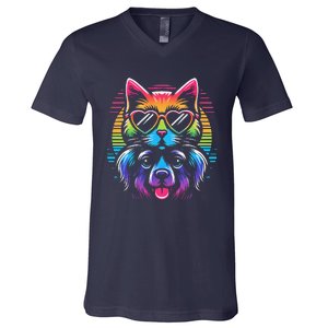 Rainbow Cute Dog & Cat Wearing Glasses Heart Puppy & Kitten V-Neck T-Shirt