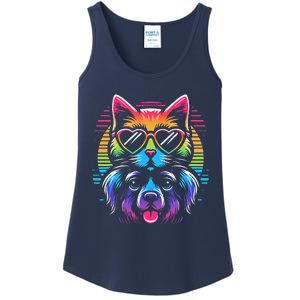 Rainbow Cute Dog & Cat Wearing Glasses Heart Puppy & Kitten Ladies Essential Tank