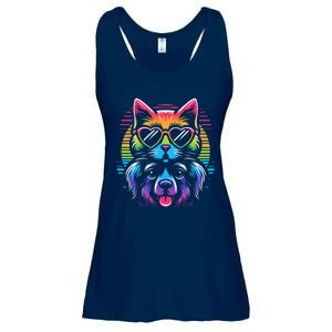 Rainbow Cute Dog & Cat Wearing Glasses Heart Puppy & Kitten Ladies Essential Flowy Tank