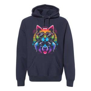 Rainbow Cute Dog & Cat Wearing Glasses Heart Puppy & Kitten Premium Hoodie