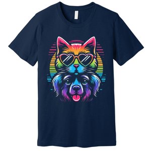 Rainbow Cute Dog & Cat Wearing Glasses Heart Puppy & Kitten Premium T-Shirt