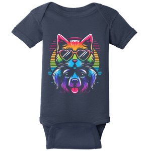 Rainbow Cute Dog & Cat Wearing Glasses Heart Puppy & Kitten Baby Bodysuit