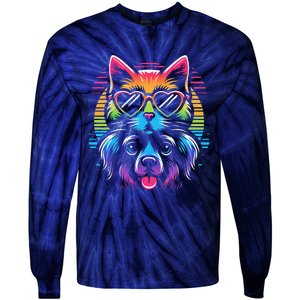 Rainbow Cute Dog & Cat Wearing Glasses Heart Puppy & Kitten Tie-Dye Long Sleeve Shirt