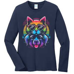 Rainbow Cute Dog & Cat Wearing Glasses Heart Puppy & Kitten Ladies Long Sleeve Shirt