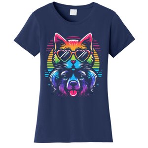 Rainbow Cute Dog & Cat Wearing Glasses Heart Puppy & Kitten Women's T-Shirt