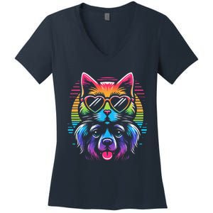 Rainbow Cute Dog & Cat Wearing Glasses Heart Puppy & Kitten Women's V-Neck T-Shirt