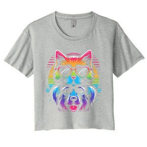 Rainbow Cute Dog & Cat Wearing Glasses Heart Puppy & Kitten Women's Crop Top Tee