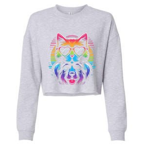 Rainbow Cute Dog & Cat Wearing Glasses Heart Puppy & Kitten Cropped Pullover Crew