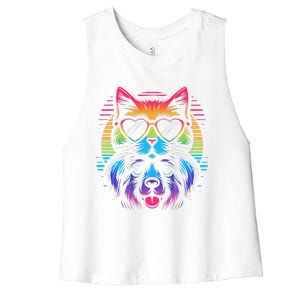 Rainbow Cute Dog & Cat Wearing Glasses Heart Puppy & Kitten Women's Racerback Cropped Tank