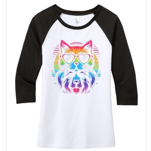 Rainbow Cute Dog & Cat Wearing Glasses Heart Puppy & Kitten Women's Tri-Blend 3/4-Sleeve Raglan Shirt