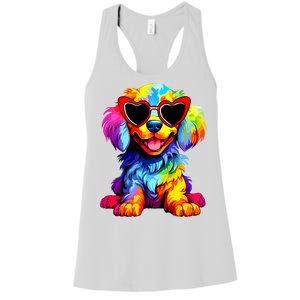 Rainbow Cute Dog Wearing Glasses Heart Puppy Love Dog Funny Women's Racerback Tank