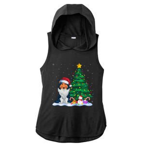 Rough Collie Dog Xmas Tree Lights Reindeer Hat Christmas Ladies PosiCharge Tri-Blend Wicking Draft Hoodie Tank