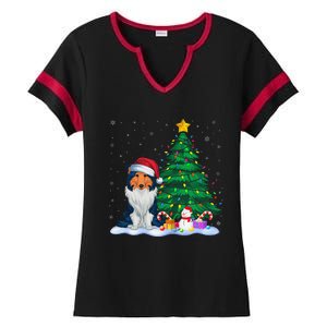 Rough Collie Dog Xmas Tree Lights Reindeer Hat Christmas Ladies Halftime Notch Neck Tee