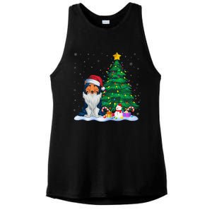 Rough Collie Dog Xmas Tree Lights Reindeer Hat Christmas Ladies PosiCharge Tri-Blend Wicking Tank