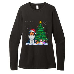 Rough Collie Dog Xmas Tree Lights Reindeer Hat Christmas Womens CVC Long Sleeve Shirt