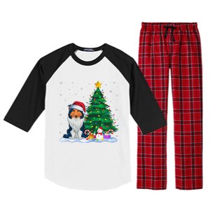 Rough Collie Dog Xmas Tree Lights Reindeer Hat Christmas Raglan Sleeve Pajama Set