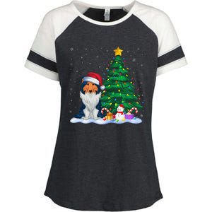 Rough Collie Dog Xmas Tree Lights Reindeer Hat Christmas Enza Ladies Jersey Colorblock Tee