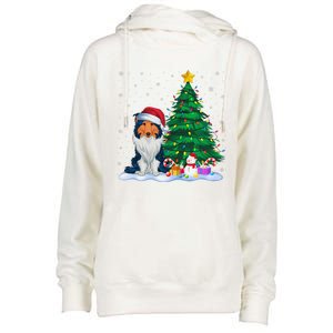 Rough Collie Dog Xmas Tree Lights Reindeer Hat Christmas Womens Funnel Neck Pullover Hood