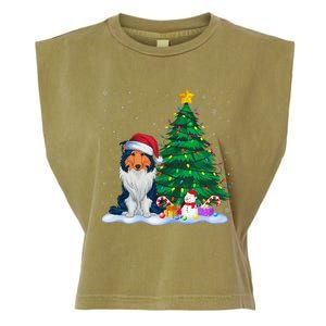 Rough Collie Dog Xmas Tree Lights Reindeer Hat Christmas Garment-Dyed Women's Muscle Tee