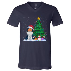 Rough Collie Dog Xmas Tree Lights Reindeer Hat Christmas V-Neck T-Shirt