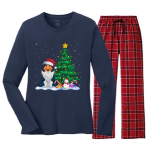 Rough Collie Dog Xmas Tree Lights Reindeer Hat Christmas Women's Long Sleeve Flannel Pajama Set 