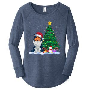 Rough Collie Dog Xmas Tree Lights Reindeer Hat Christmas Women's Perfect Tri Tunic Long Sleeve Shirt