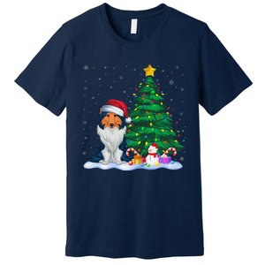 Rough Collie Dog Xmas Tree Lights Reindeer Hat Christmas Premium T-Shirt