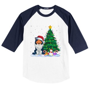 Rough Collie Dog Xmas Tree Lights Reindeer Hat Christmas Baseball Sleeve Shirt