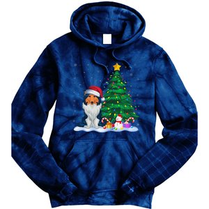 Rough Collie Dog Xmas Tree Lights Reindeer Hat Christmas Tie Dye Hoodie