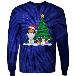 Rough Collie Dog Xmas Tree Lights Reindeer Hat Christmas Tie-Dye Long Sleeve Shirt