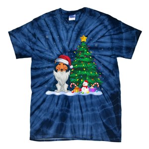 Rough Collie Dog Xmas Tree Lights Reindeer Hat Christmas Tie-Dye T-Shirt