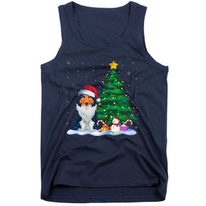 Rough Collie Dog Xmas Tree Lights Reindeer Hat Christmas Tank Top