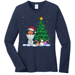 Rough Collie Dog Xmas Tree Lights Reindeer Hat Christmas Ladies Long Sleeve Shirt