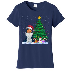 Rough Collie Dog Xmas Tree Lights Reindeer Hat Christmas Women's T-Shirt