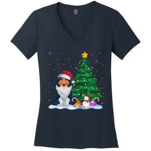 Rough Collie Dog Xmas Tree Lights Reindeer Hat Christmas Women's V-Neck T-Shirt