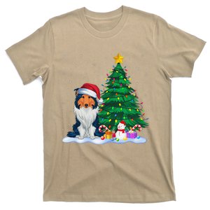 Rough Collie Dog Xmas Tree Lights Reindeer Hat Christmas T-Shirt