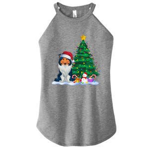 Rough Collie Dog Xmas Tree Lights Reindeer Hat Christmas Women's Perfect Tri Rocker Tank