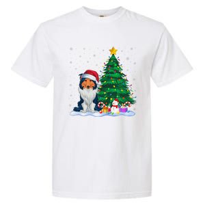 Rough Collie Dog Xmas Tree Lights Reindeer Hat Christmas Garment-Dyed Heavyweight T-Shirt