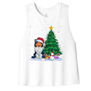 Rough Collie Dog Xmas Tree Lights Reindeer Hat Christmas Women's Racerback Cropped Tank