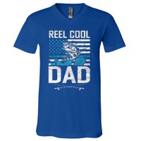 Reel Cool Dad American Flag Fishing Birthday Gift V-Neck T-Shirt