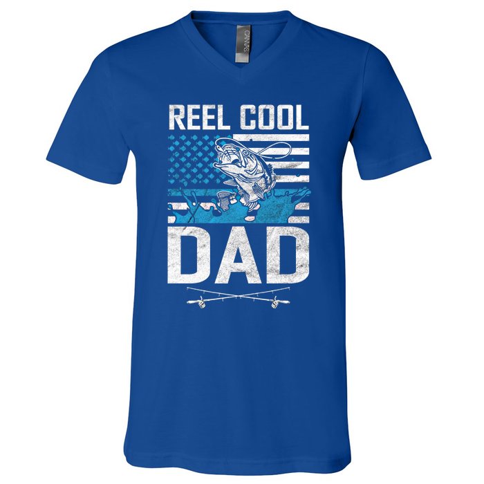 Reel Cool Dad American Flag Fishing Birthday Gift V-Neck T-Shirt